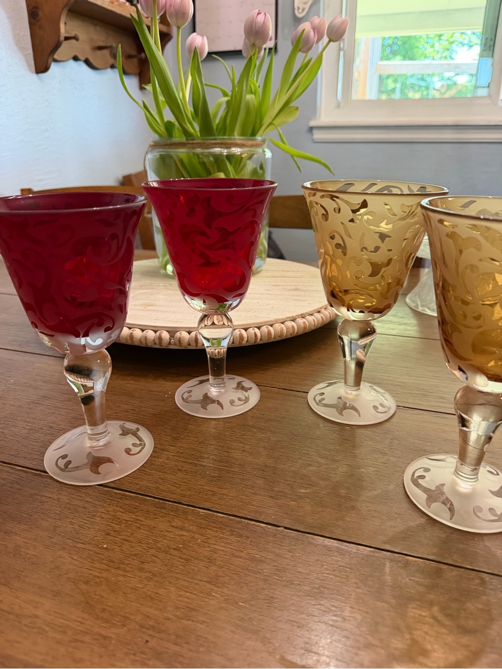 Set of 4 Micheal Weems Collection Ruby Red and Amber Etched Wine Glasses 2001